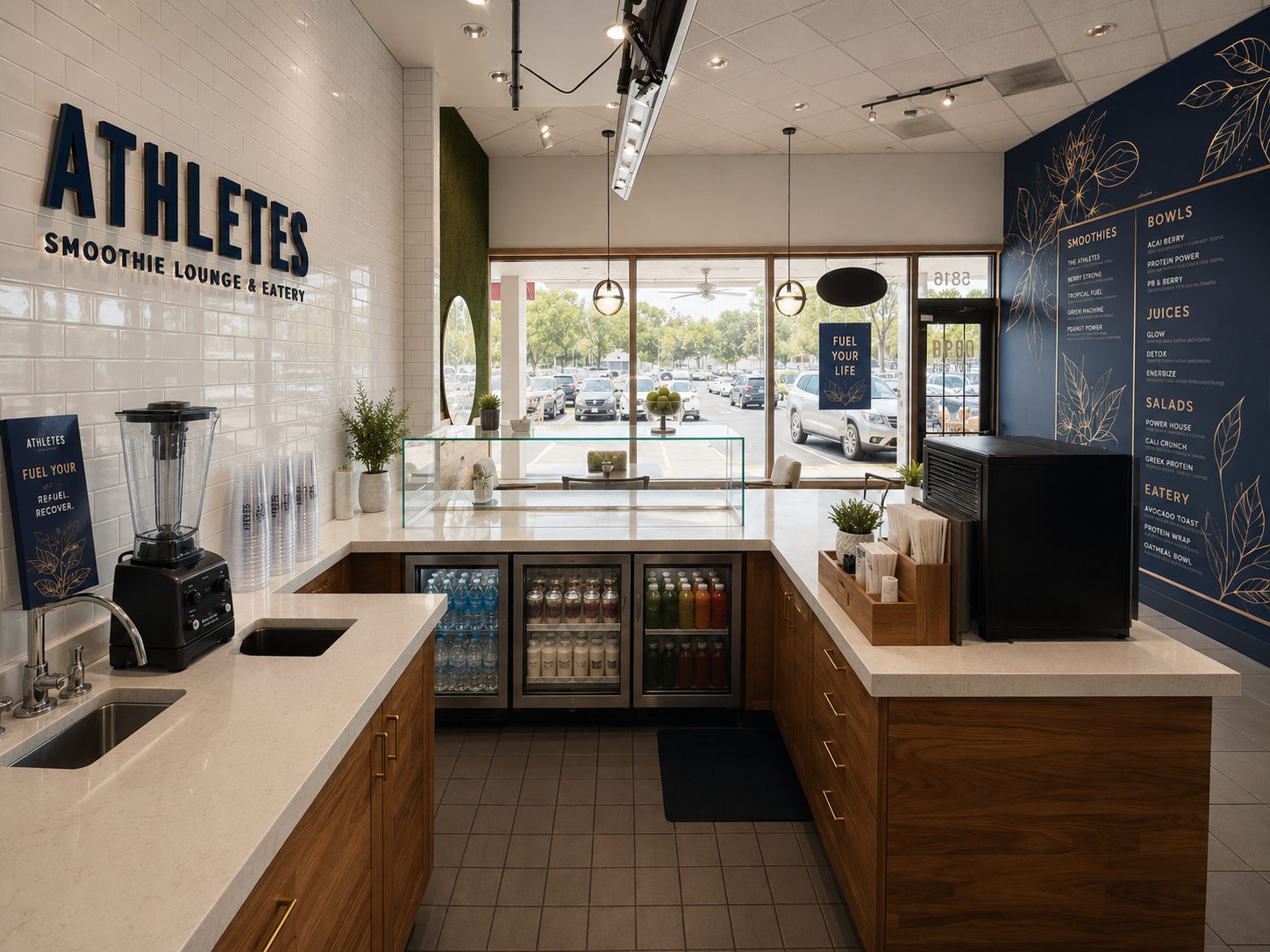 Service counter with white quartz top and navy menu wall