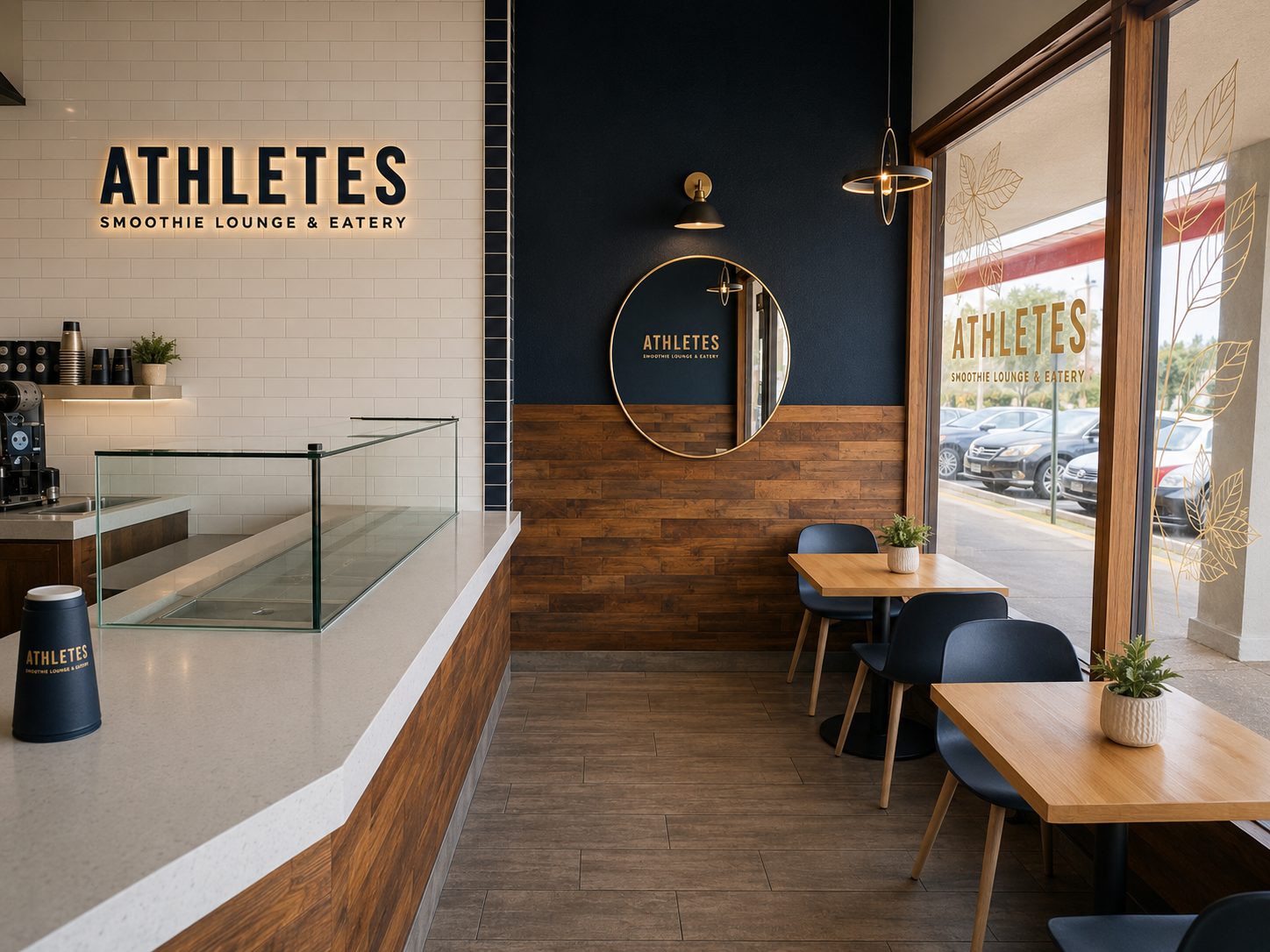 Lounge interior — wood tables, navy walls and street-front windows