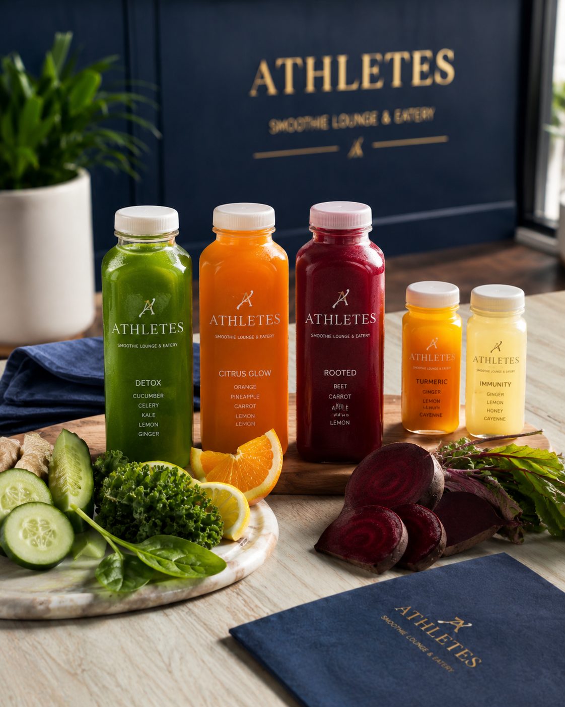 Cold-pressed juice lineup with fresh produce