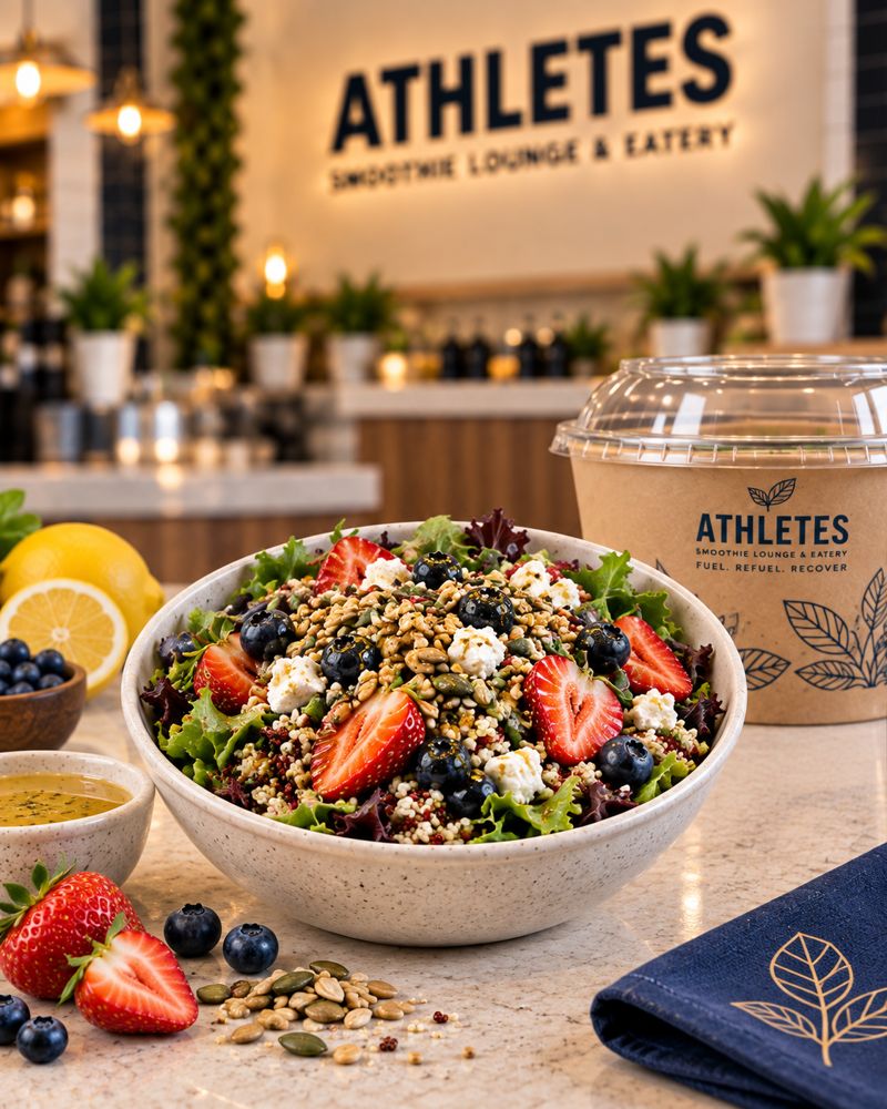 Berry and Quinoa salad with strawberries, blueberries, feta, quinoa and mixed greens.