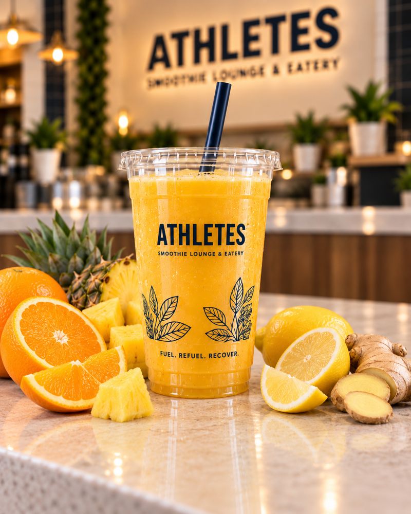 Citrus Glow orange, pineapple, lemon and ginger juice in an ATHLETES branded cup.