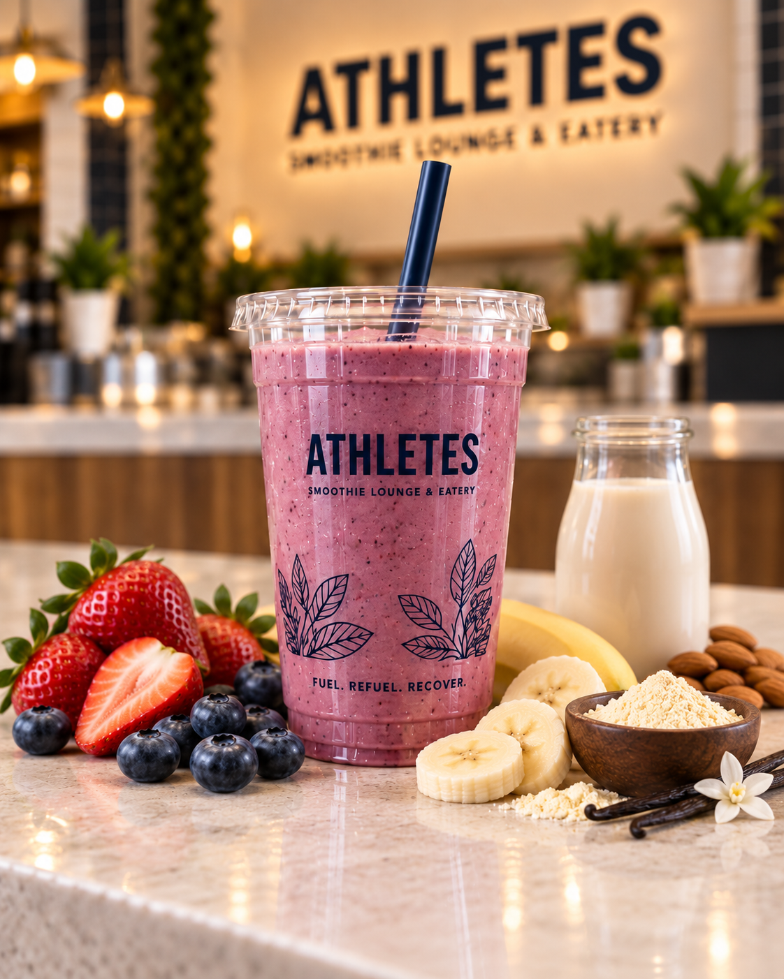 Courtside Berry strawberry, blueberry and banana protein smoothie in an ATHLETES branded cup.