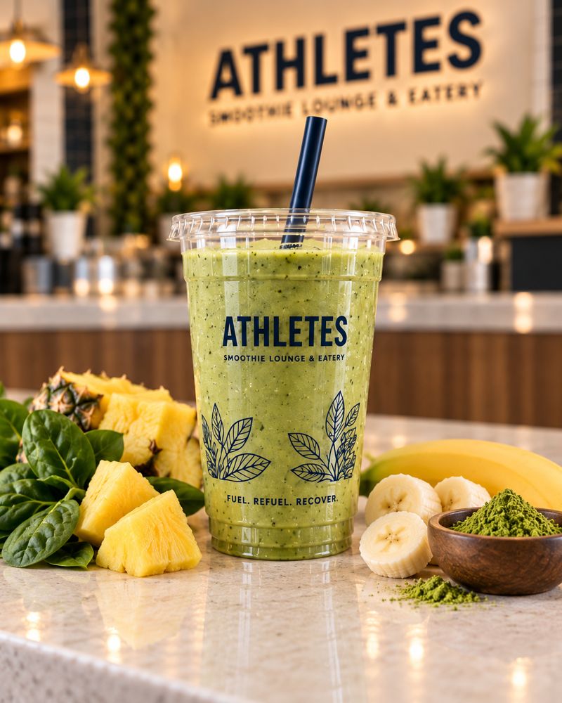 First Light green matcha, pineapple, spinach and banana smoothie in an ATHLETES branded cup.