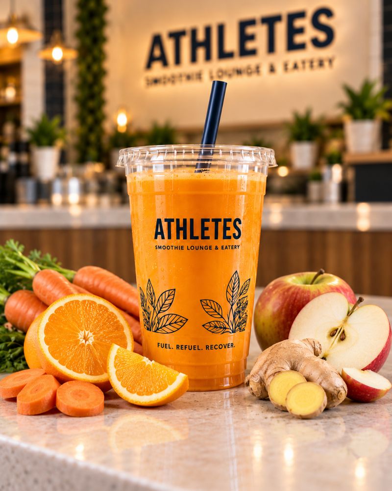 Golden Press carrot, orange, apple and ginger juice in an ATHLETES branded cup.