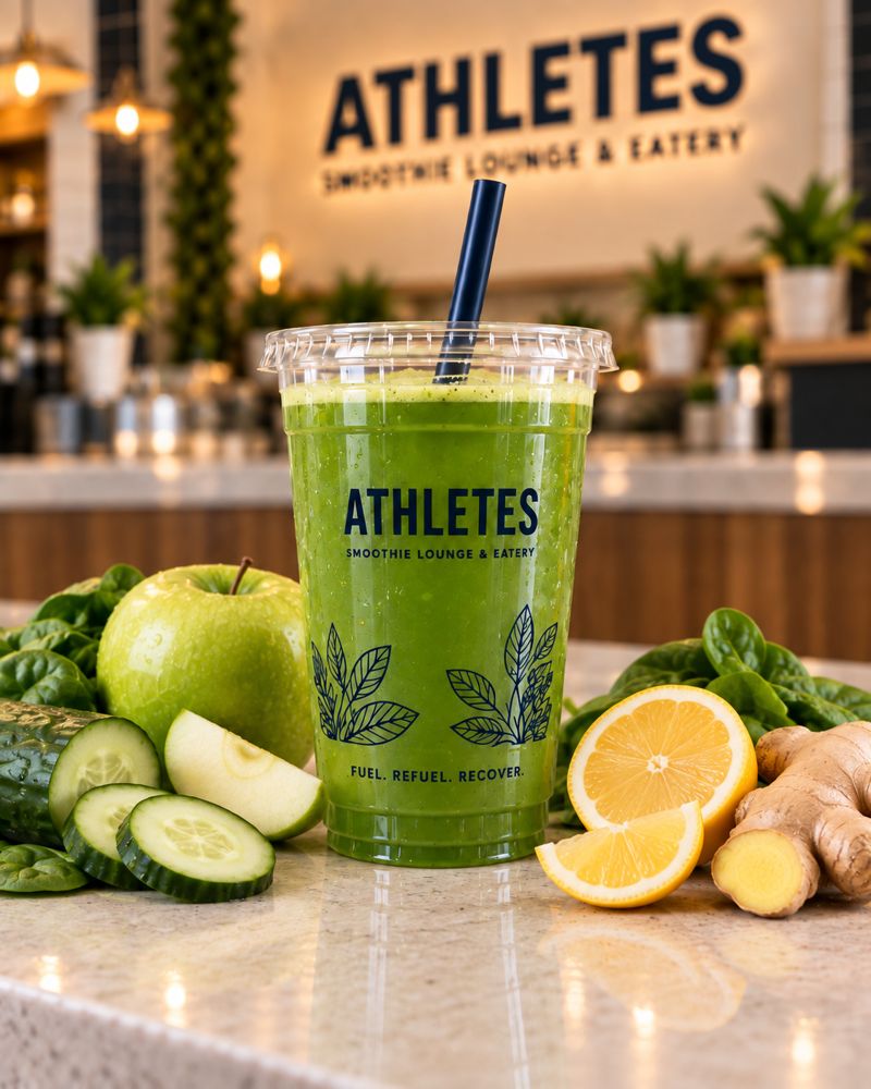 Green Light cucumber, green apple, spinach, lemon and ginger juice in an ATHLETES branded cup.