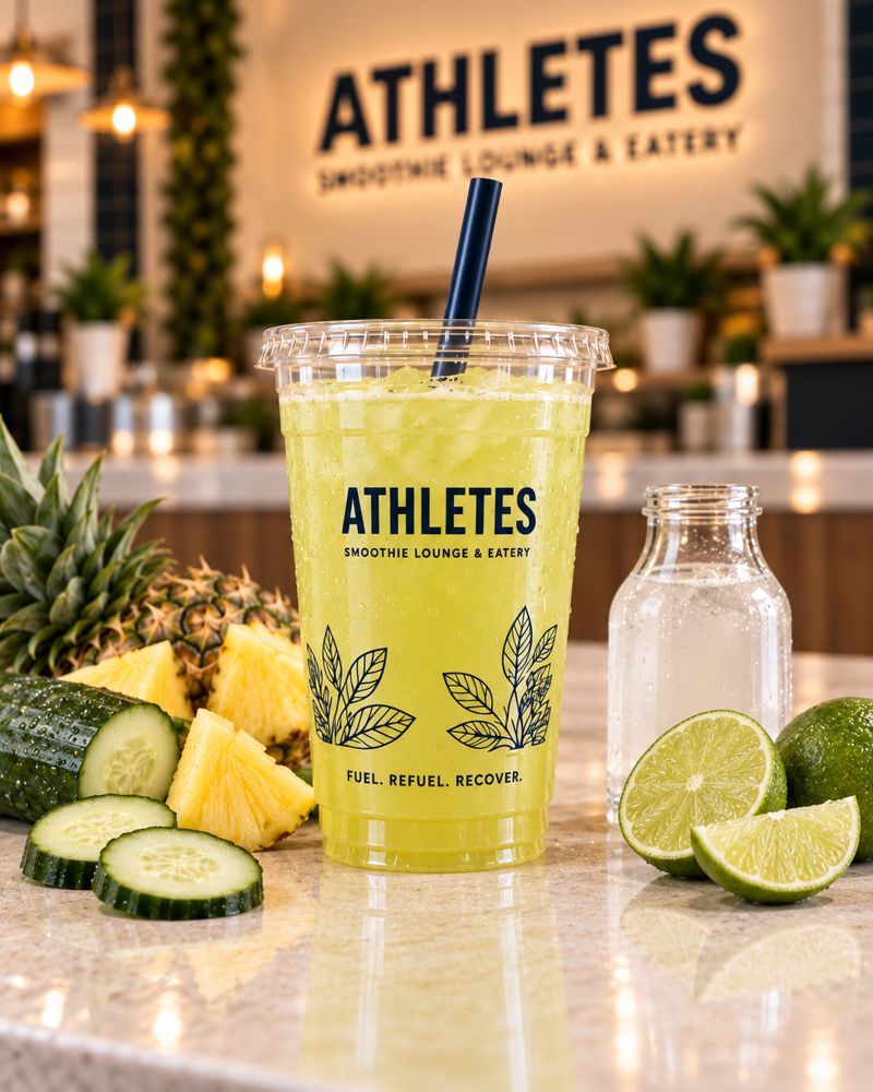 Hydrate cucumber, pineapple, coconut water and lime drink in an ATHLETES branded cup.