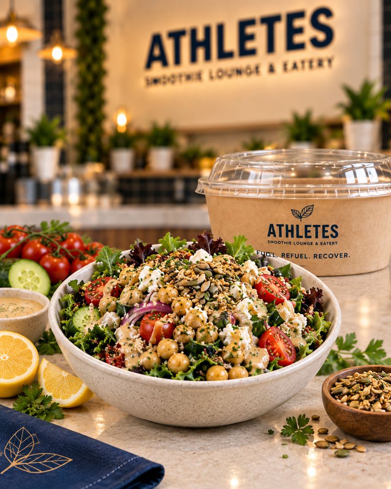 Mediterranean Crunch salad with quinoa, chickpeas, cucumber, tomato, feta and greens.
