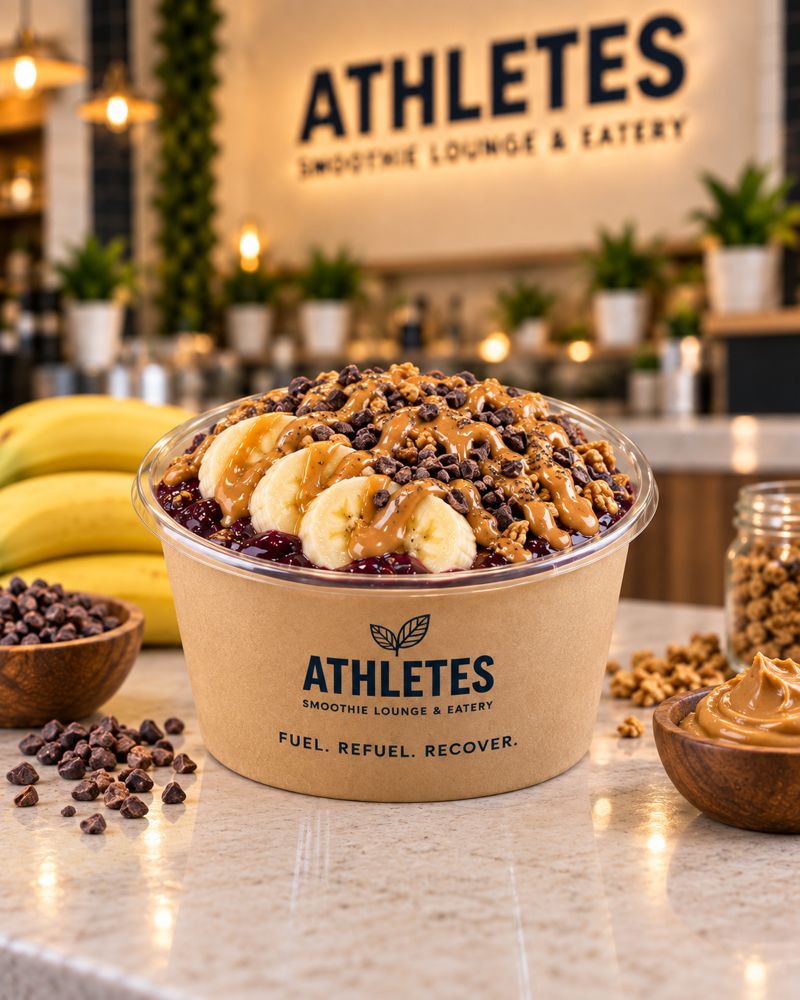 Post-Up protein açaí bowl with banana, peanut butter and cacao nibs.