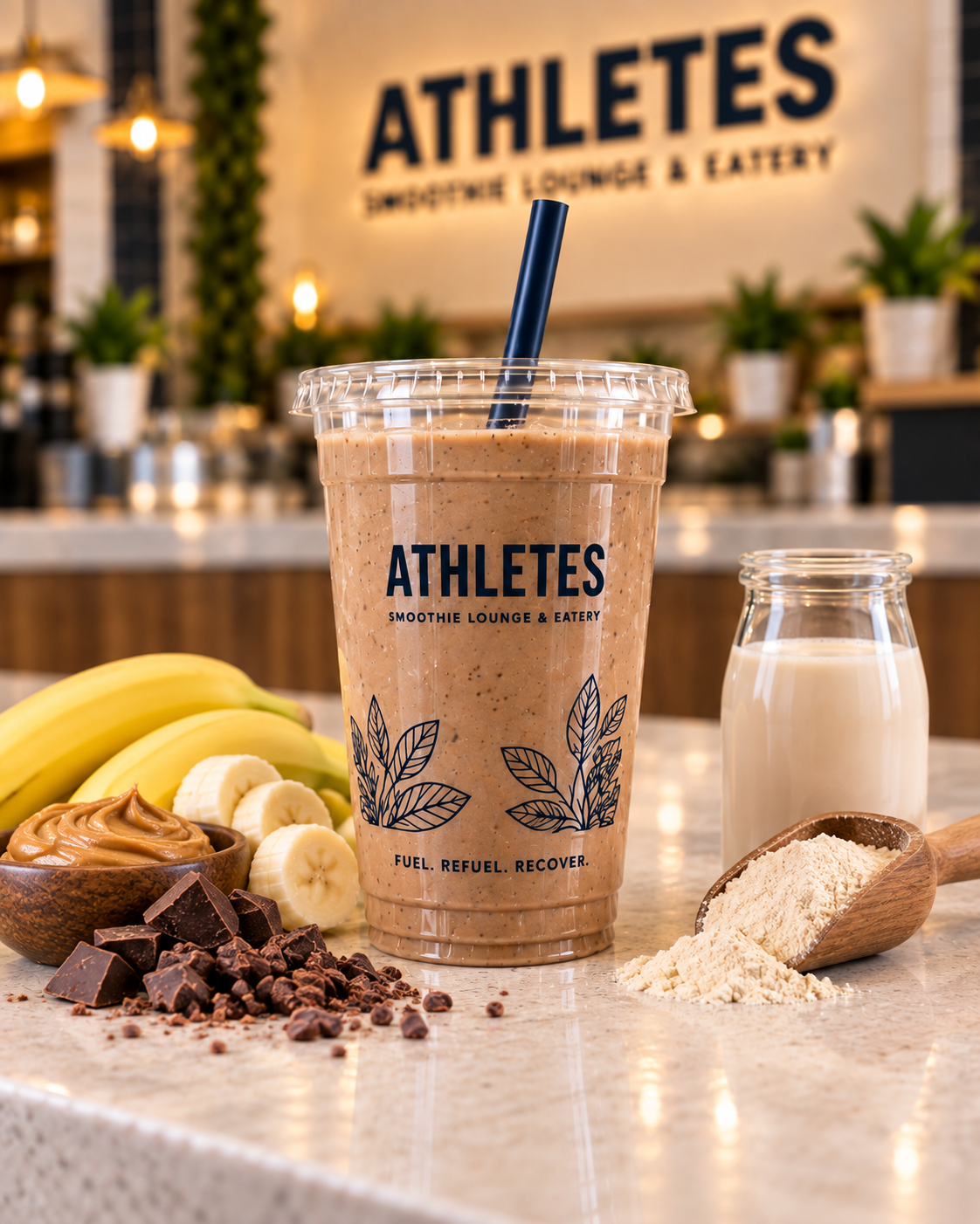 Power Forward peanut butter, banana and cacao protein smoothie in an ATHLETES branded cup.