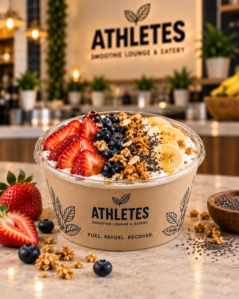 Power Yogurt bowl with Greek yogurt, strawberries, blueberries, banana, granola, honey and chia.