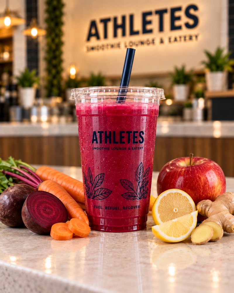 Rooted beet, carrot, apple, lemon and ginger juice in an ATHLETES branded cup.