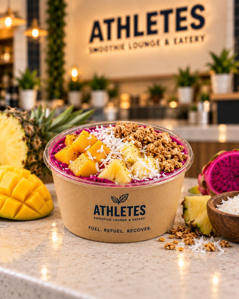 Sunrise pitaya bowl topped with mango, pineapple, coconut and granola.