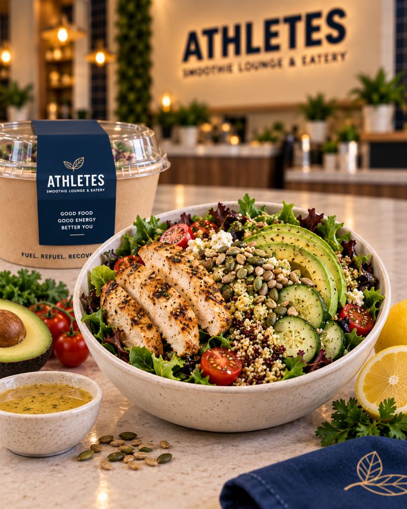 The Captain signature grilled chicken salad with greens, quinoa, avocado, cucumber and seed crunch.