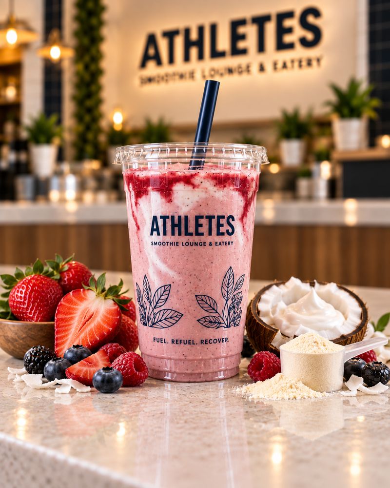 The Franchise signature strawberry, coconut cream, collagen and berry glaze smoothie in an ATHLETES branded cup.