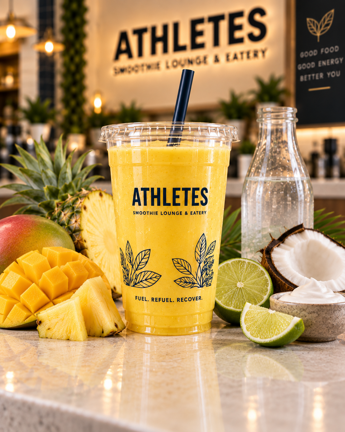 Tropic Run mango, pineapple, coconut and lime smoothie in an ATHLETES branded cup.