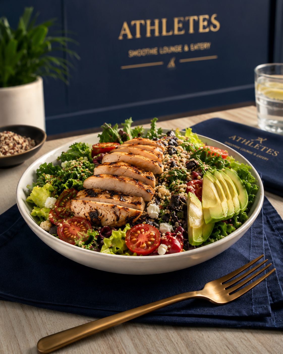 Grilled chicken salad with avocado and quinoa