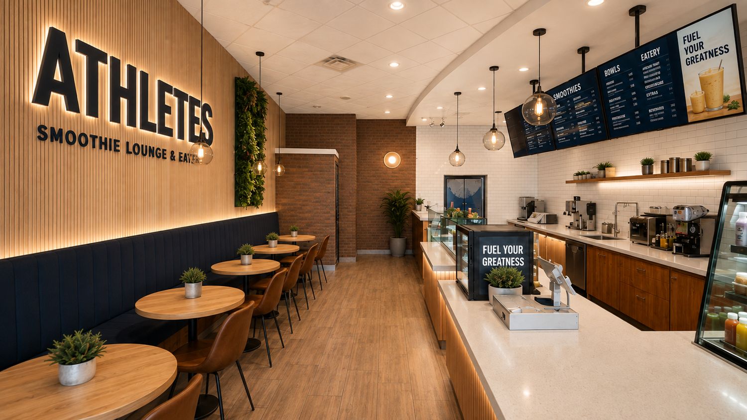 The counter at ATHLETES — menu boards, espresso and juice station, and the backlit ATHLETES wordmark on the wood-slat wall