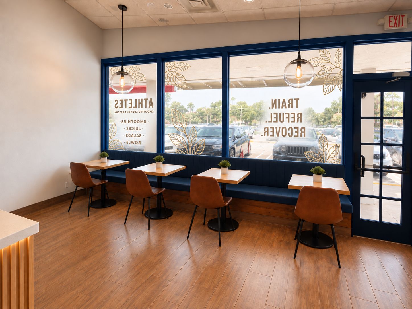 Window seating at ATHLETES — navy banquette, wood tables and gold leaf window graphics looking out to Conroy Rd
