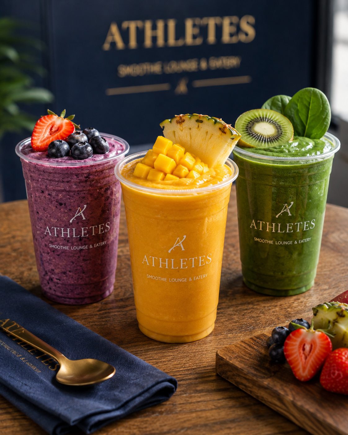 Three signature smoothies — berry, mango and greens — in ATHLETES branded cups