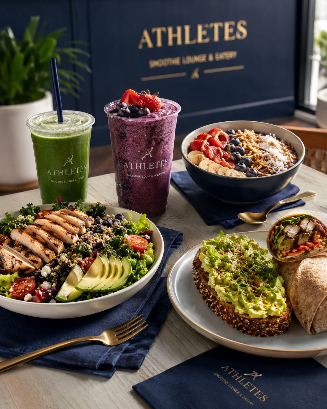 Table spread — smoothies, açaí bowl, wrap and salad