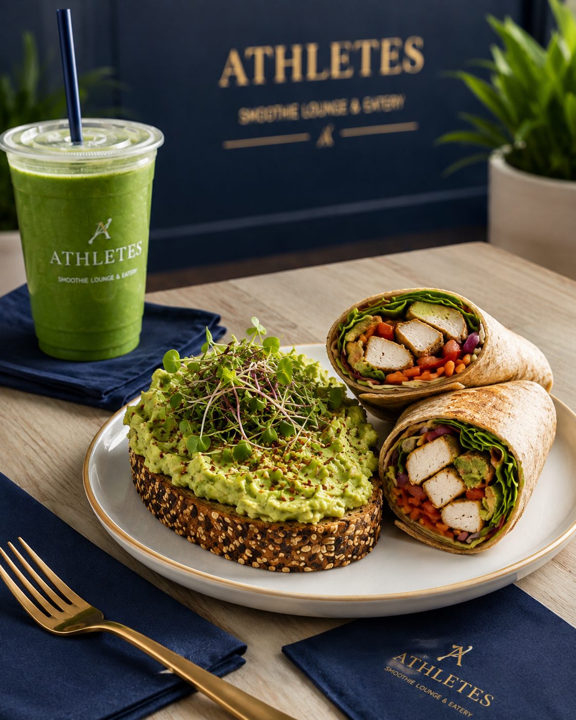 Chicken wrap and avocado toast with a green smoothie
